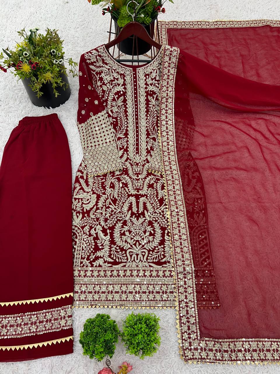 Designer Party Wear Look Top-Plazzo and Dupatta With Heavy Embroidery Work single available wholesale