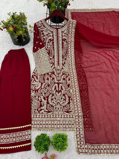 Designer Party Wear Look Top-Plazzo and Dupatta With Heavy Embroidery Work single available wholesale