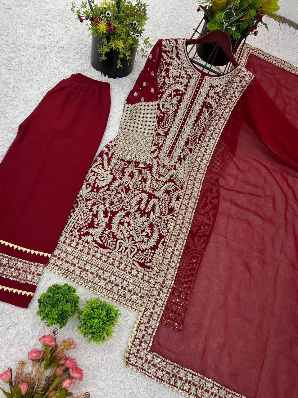 Designer Party Wear Look Top-Plazzo and Dupatta With Heavy Embroidery Work single available wholesale