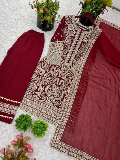 Designer Party Wear Look Top-Plazzo and Dupatta With Heavy Embroidery Work single available wholesale