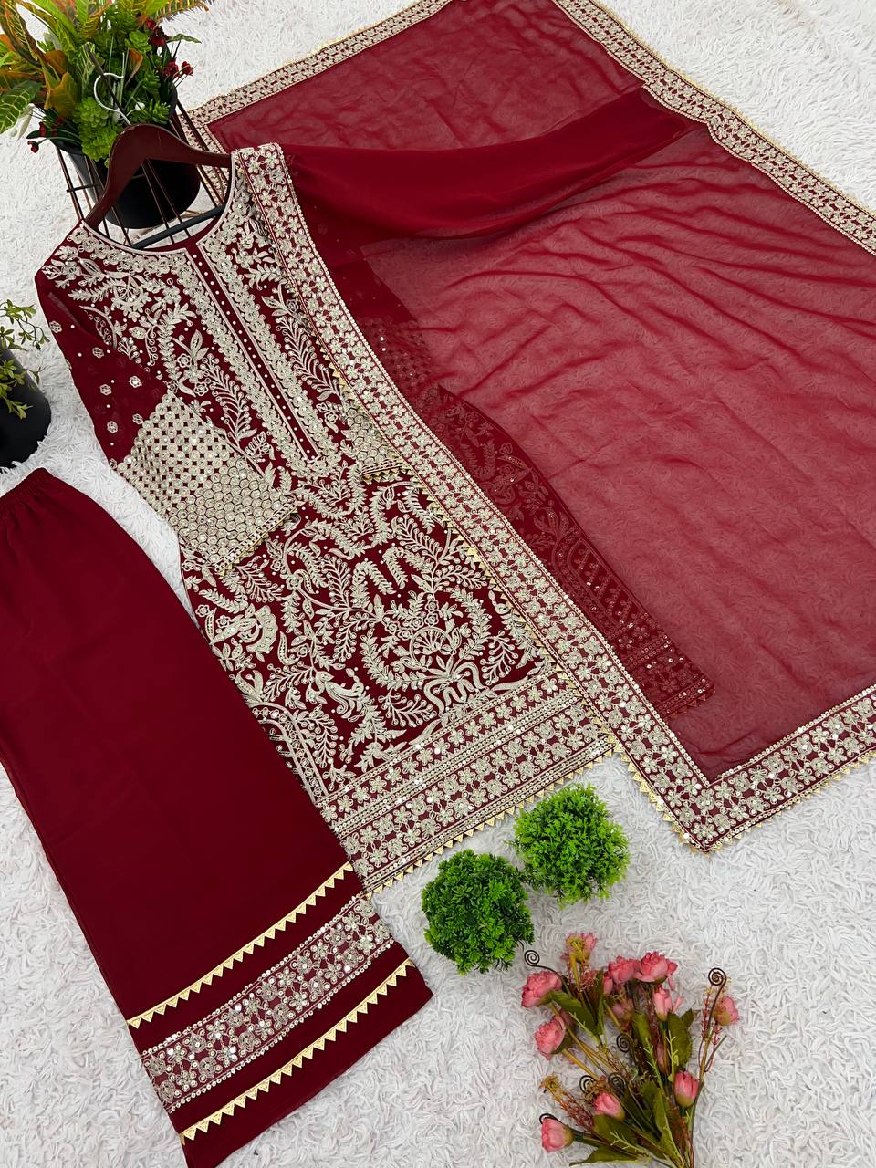 Designer Party Wear Look Top-Plazzo and Dupatta With Heavy Embroidery Work single available wholesale