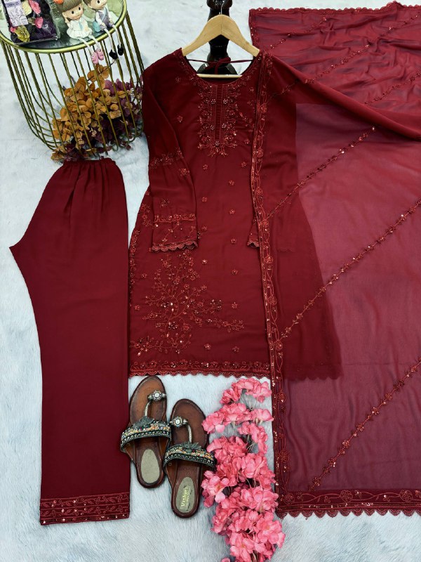 Đěsigner Party Wear Look Pur Heavy Faux Georgette Top Plazzo & Dupatta Set single available wholesale