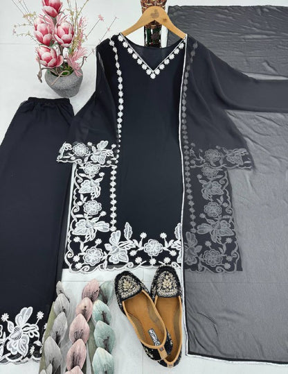 DESIGNER PARTY WEAR EMBROIDERY CHINE STITCHE  TOP, PLAZZO WITH DUPATTA single available wholesale