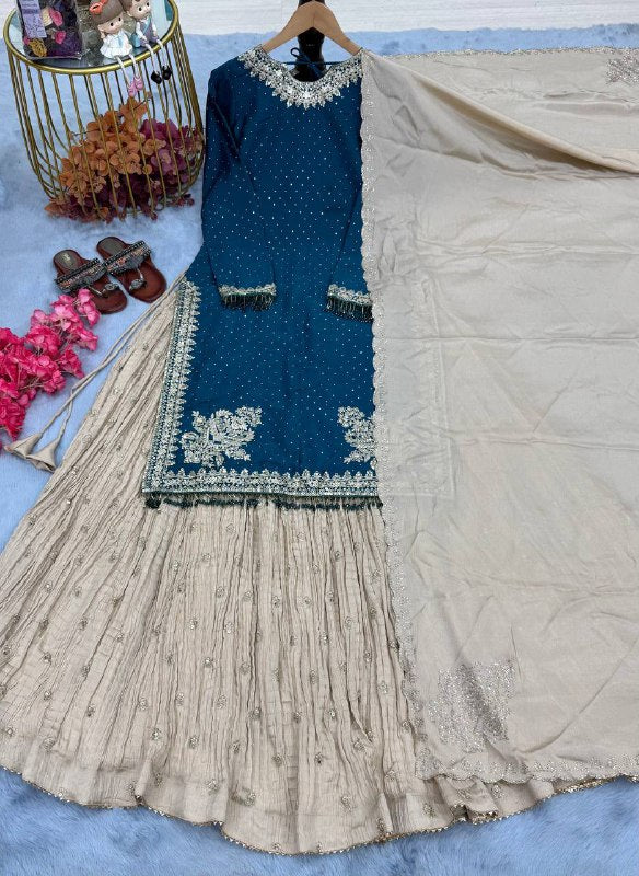 designer Party Wear Look Heavy pur Chinon Silk Top Lehenga & Dupatta Set