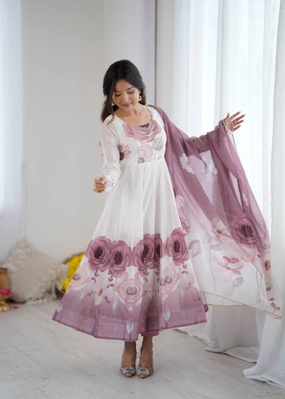 PURE SOFT ORGANJA SILK FABRIC FULLY FLAIR KALI PATTERN AND CANVAS PATTA WITH DUPPTA SET ,PENT READY TO WEAR  single available wholesale