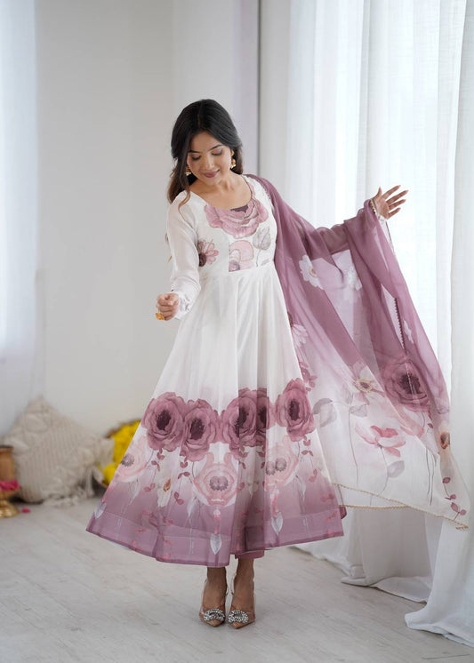 PURE SOFT ORGANJA SILK FABRIC FULLY FLAIR KALI PATTERN AND CANVAS PATTA WITH DUPPTA SET ,PENT READY TO WEAR  single available wholesale