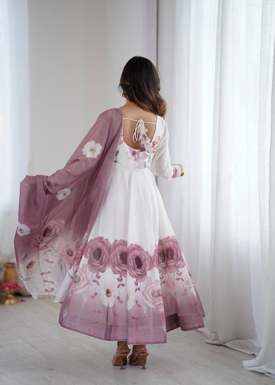 PURE SOFT ORGANJA SILK FABRIC FULLY FLAIR KALI PATTERN AND CANVAS PATTA WITH DUPPTA SET ,PENT READY TO WEAR  single available wholesale