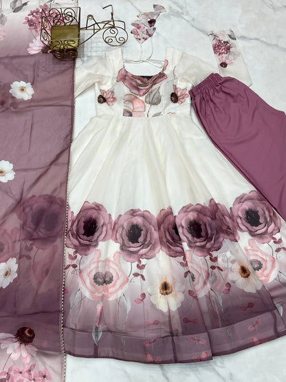PURE SOFT ORGANJA SILK FABRIC FULLY FLAIR KALI PATTERN AND CANVAS PATTA WITH DUPPTA SET ,PENT READY TO WEAR  single available wholesale