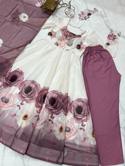 PURE SOFT ORGANJA SILK FABRIC FULLY FLAIR KALI PATTERN AND CANVAS PATTA WITH DUPPTA SET ,PENT READY TO WEAR  single available wholesale