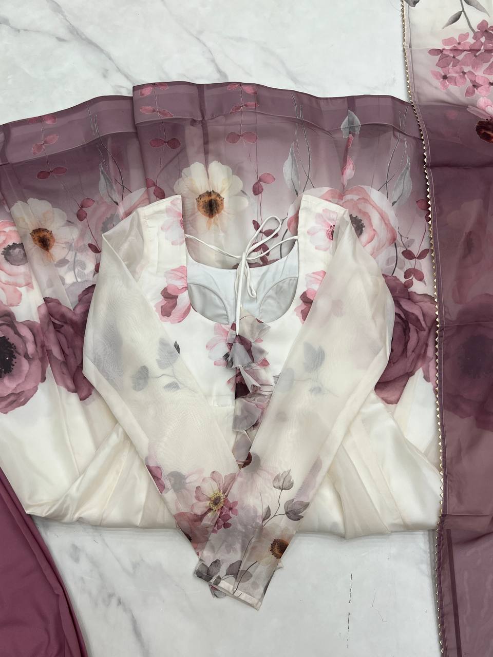 PURE SOFT ORGANJA SILK FABRIC FULLY FLAIR KALI PATTERN AND CANVAS PATTA WITH DUPPTA SET ,PENT READY TO WEAR  single available wholesale