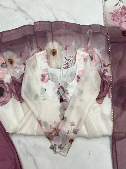 PURE SOFT ORGANJA SILK FABRIC FULLY FLAIR KALI PATTERN AND CANVAS PATTA WITH DUPPTA SET ,PENT READY TO WEAR  single available wholesale