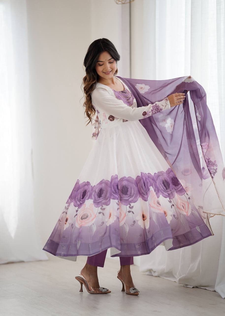 PURE SOFT ORGANJA SILK FABRIC FULLY FLAIR KALI PATTERN AND CANVAS PATTA WITH DUPPTA SET ,PENT READY TO WEAR  single available wholesale