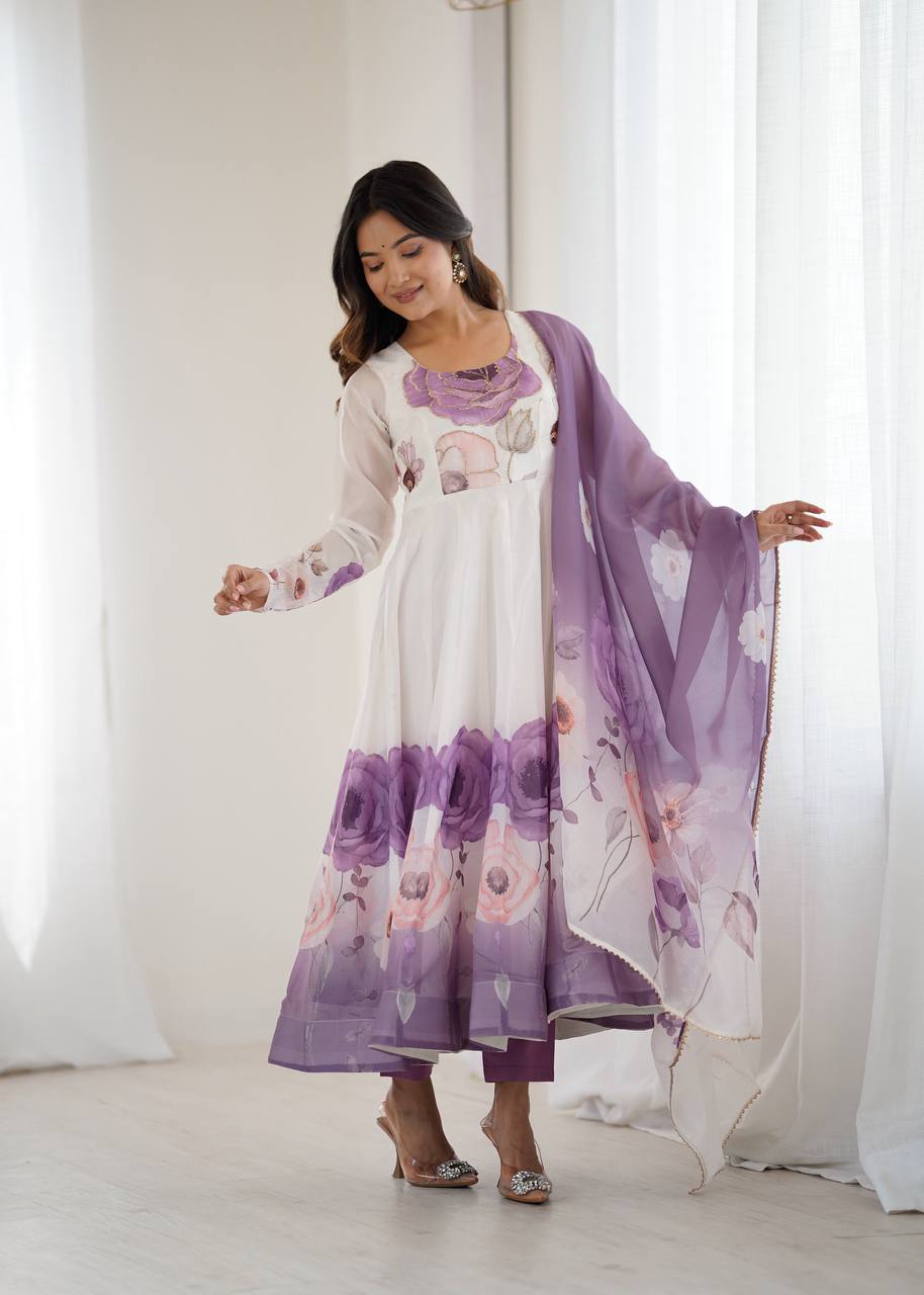 PURE SOFT ORGANJA SILK FABRIC FULLY FLAIR KALI PATTERN AND CANVAS PATTA WITH DUPPTA SET ,PENT READY TO WEAR  single available wholesale