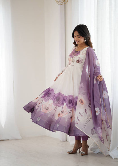 PURE SOFT ORGANJA SILK FABRIC FULLY FLAIR KALI PATTERN AND CANVAS PATTA WITH DUPPTA SET ,PENT READY TO WEAR  single available wholesale