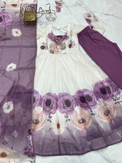 PURE SOFT ORGANJA SILK FABRIC FULLY FLAIR KALI PATTERN AND CANVAS PATTA WITH DUPPTA SET ,PENT READY TO WEAR  single available wholesale