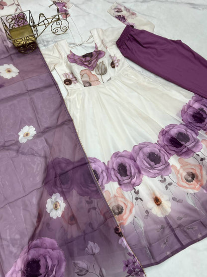 PURE SOFT ORGANJA SILK FABRIC FULLY FLAIR KALI PATTERN AND CANVAS PATTA WITH DUPPTA SET ,PENT READY TO WEAR  single available wholesale