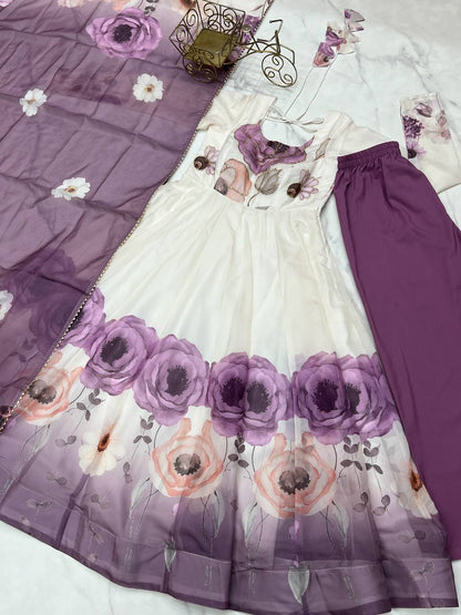 PURE SOFT ORGANJA SILK FABRIC FULLY FLAIR KALI PATTERN AND CANVAS PATTA WITH DUPPTA SET ,PENT READY TO WEAR  single available wholesale