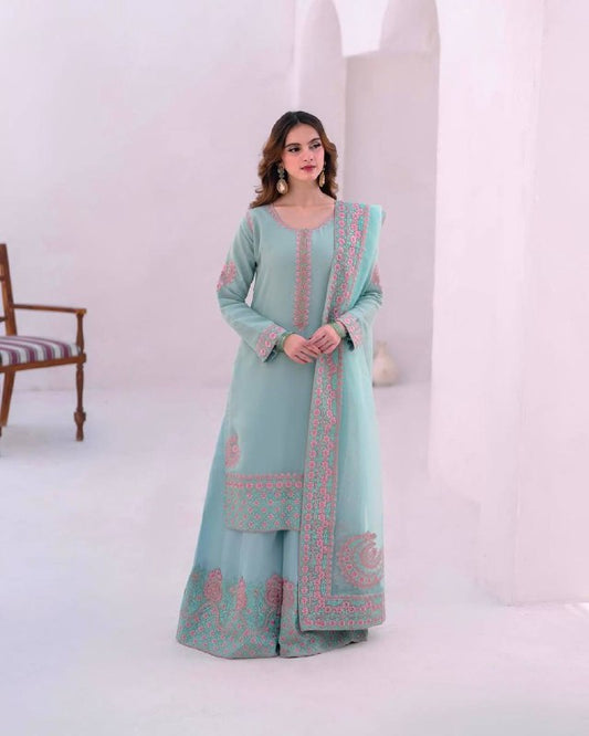 DESIGNER WEAR HEAVY EMBROIDERED WORK WITH FANCY TOP-PLAZZO AND DUPATTA SET single available wholesale