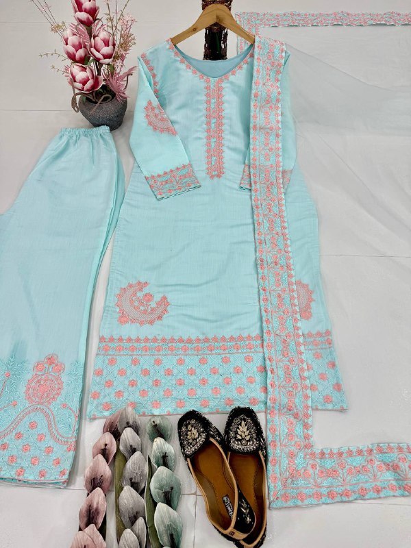 DESIGNER WEAR HEAVY EMBROIDERED WORK WITH FANCY TOP-PLAZZO AND DUPATTA SET single available wholesale