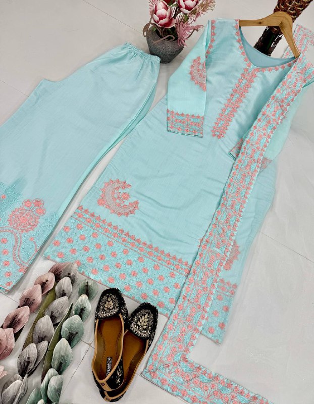 DESIGNER WEAR HEAVY EMBROIDERED WORK WITH FANCY TOP-PLAZZO AND DUPATTA SET single available wholesale