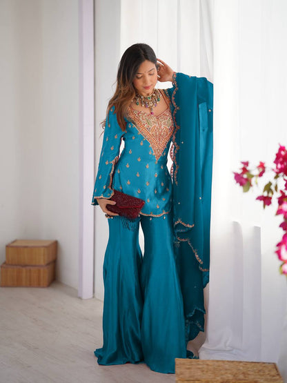 Designer Collection In simar silk With Embroidery Work Top-Bottom And Dupatta Set Fully Stitched Ready To Wear  single available wholesale