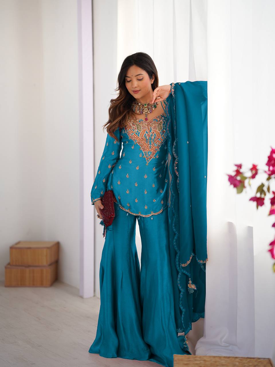 Designer Collection In simar silk With Embroidery Work Top-Bottom And Dupatta Set Fully Stitched Ready To Wear  single available wholesale