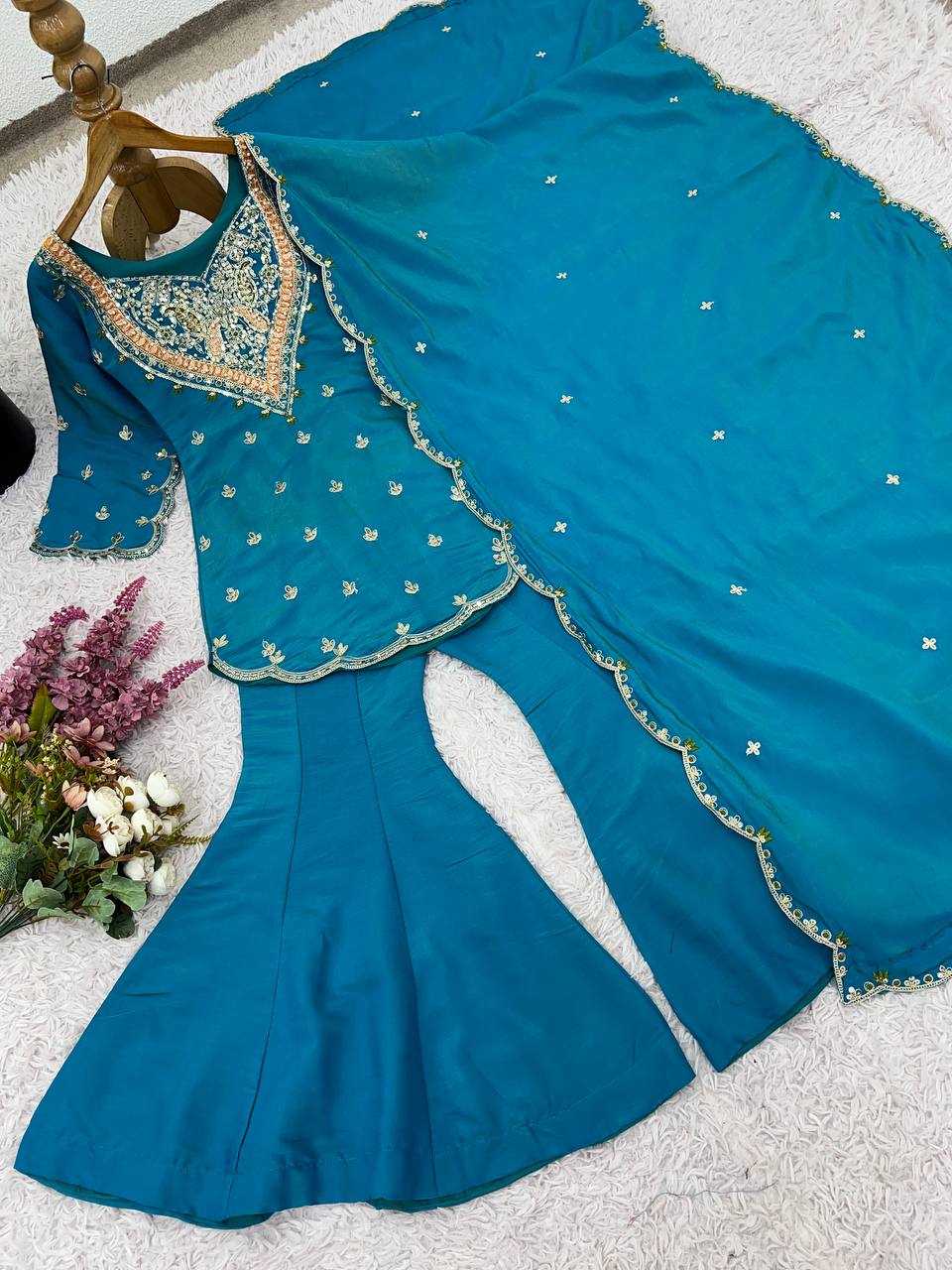 Designer Collection In simar silk With Embroidery Work Top-Bottom And Dupatta Set Fully Stitched Ready To Wear  single available wholesale