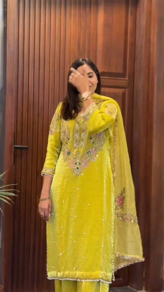 DESIGNER SEQUANCE EMBROIDERY WORK FARSI SALWAAR SUIT WITH DUPATTA single available wholesale