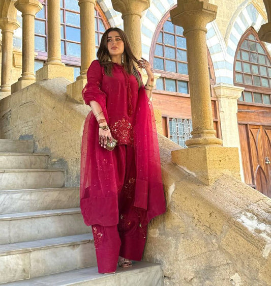 HEAVY FRANCH CRAP EMBROIDERED SEQUENCE WORK WITH FANCY TOP-PLAZZO DUPATTA SET  single available wholesale