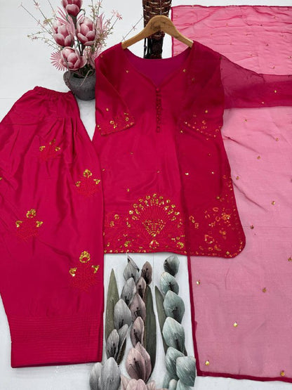HEAVY FRANCH CRAP EMBROIDERED SEQUENCE WORK WITH FANCY TOP-PLAZZO DUPATTA SET  single available wholesale