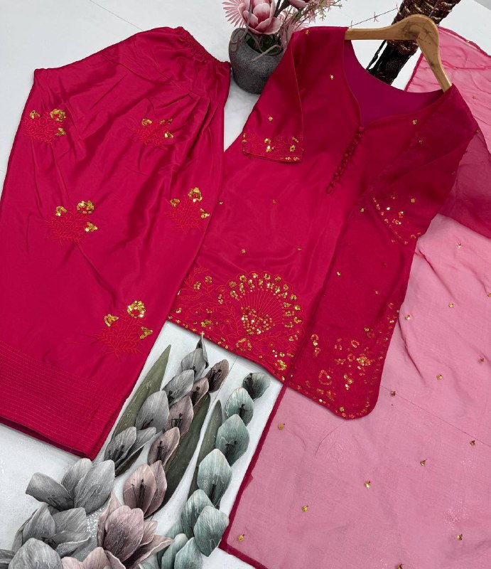HEAVY FRANCH CRAP EMBROIDERED SEQUENCE WORK WITH FANCY TOP-PLAZZO DUPATTA SET  single available wholesale