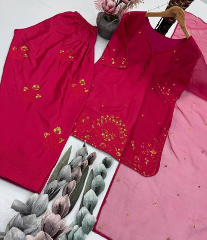 HEAVY FRANCH CRAP EMBROIDERED SEQUENCE WORK WITH FANCY TOP-PLAZZO DUPATTA SET  single available wholesale