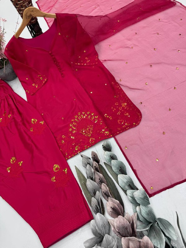 HEAVY FRANCH CRAP EMBROIDERED SEQUENCE WORK WITH FANCY TOP-PLAZZO DUPATTA SET  single available wholesale