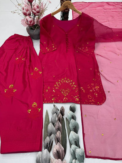 HEAVY FRANCH CRAP EMBROIDERED SEQUENCE WORK WITH FANCY TOP-PLAZZO DUPATTA SET  single available wholesale