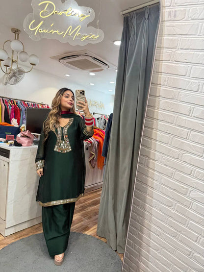 SUPERHIT TRENDING KURTI, PENT & DUPATTA ON RANGOLI FABRIC WITH EMBROIDERY AND REAL MIRROR HAND WORK  single available wholesale