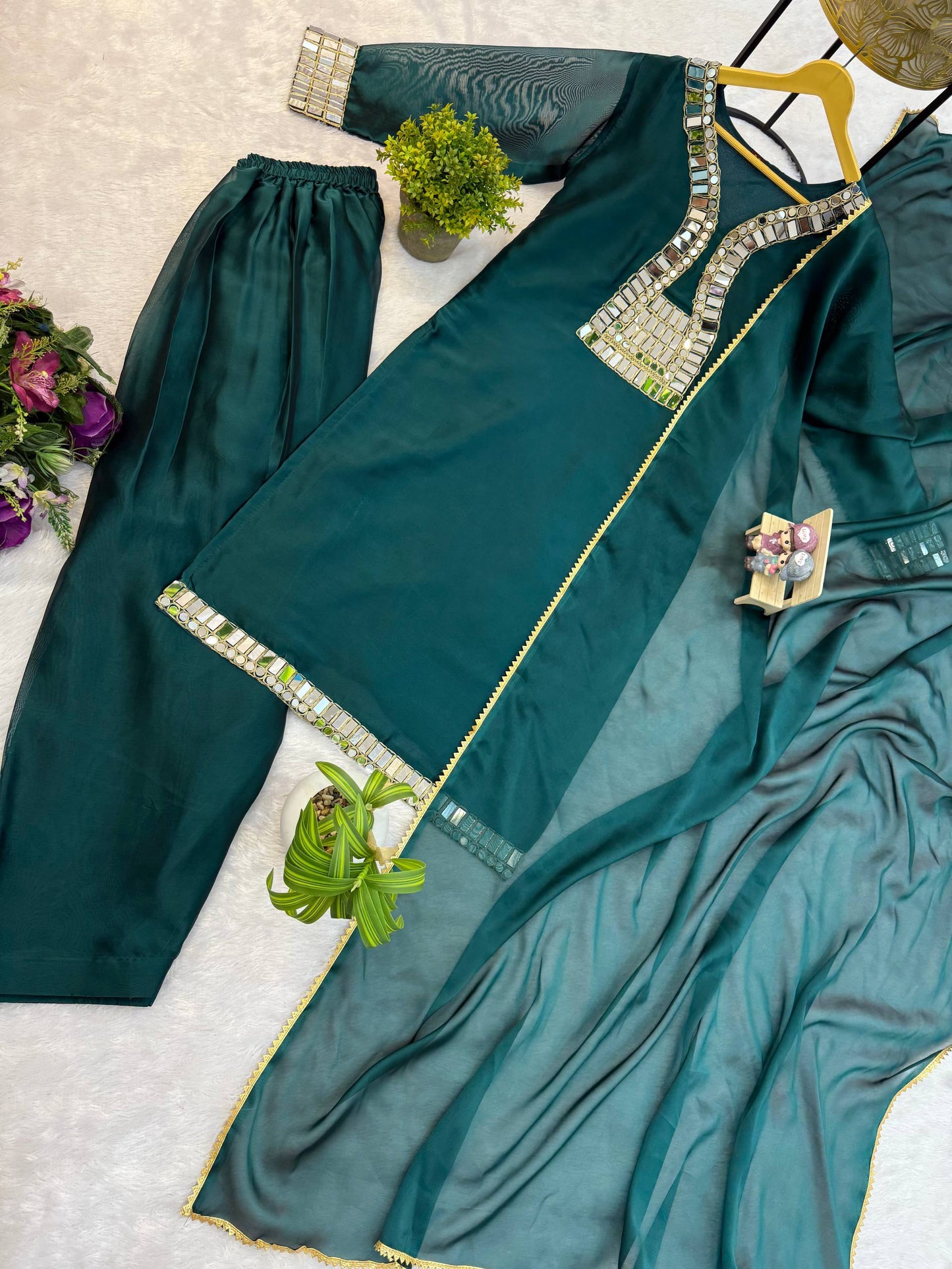 SUPERHIT TRENDING KURTI, PENT & DUPATTA ON RANGOLI FABRIC WITH EMBROIDERY AND REAL MIRROR HAND WORK  single available wholesale