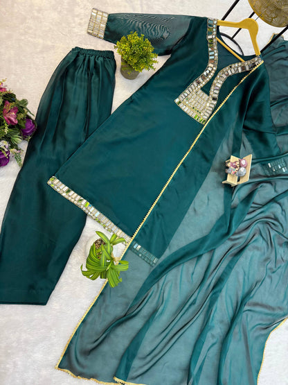 SUPERHIT TRENDING KURTI, PENT & DUPATTA ON RANGOLI FABRIC WITH EMBROIDERY AND REAL MIRROR HAND WORK  single available wholesale