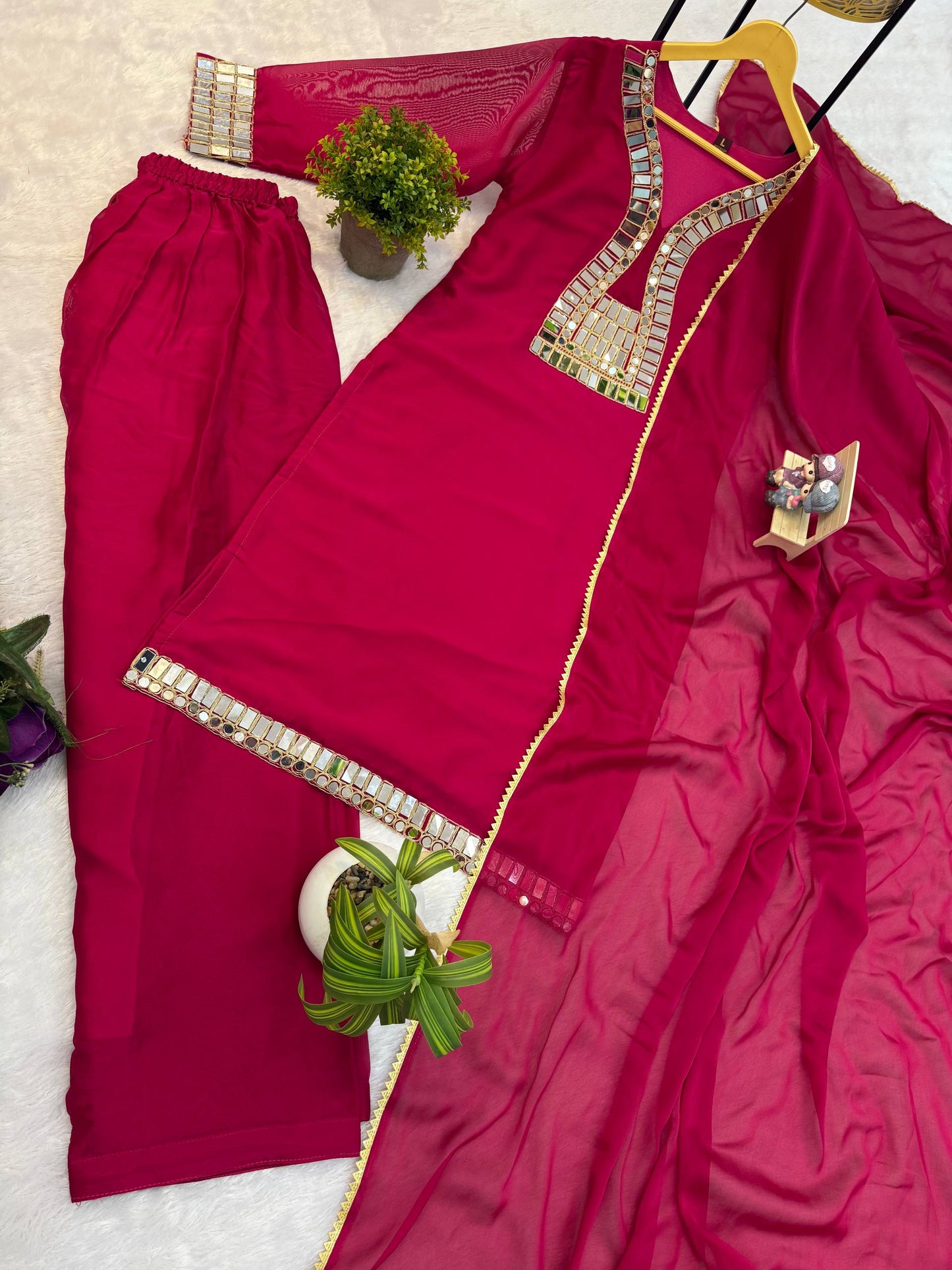 SUPERHIT TRENDING KURTI, PENT & DUPATTA ON RANGOLI FABRIC WITH EMBROIDERY AND REAL MIRROR HAND WORK  single available wholesale
