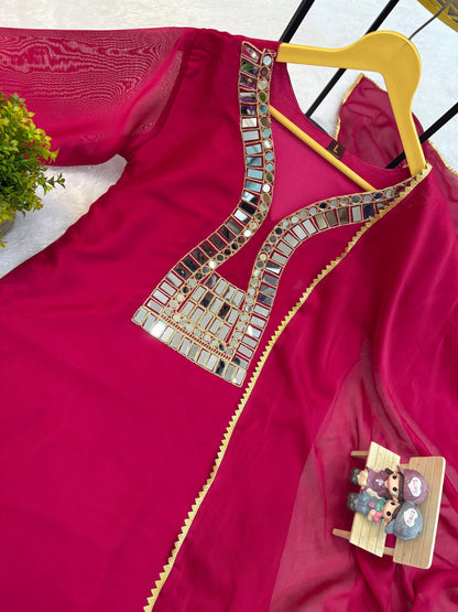 SUPERHIT TRENDING KURTI, PENT & DUPATTA ON RANGOLI FABRIC WITH EMBROIDERY AND REAL MIRROR HAND WORK  single available wholesale