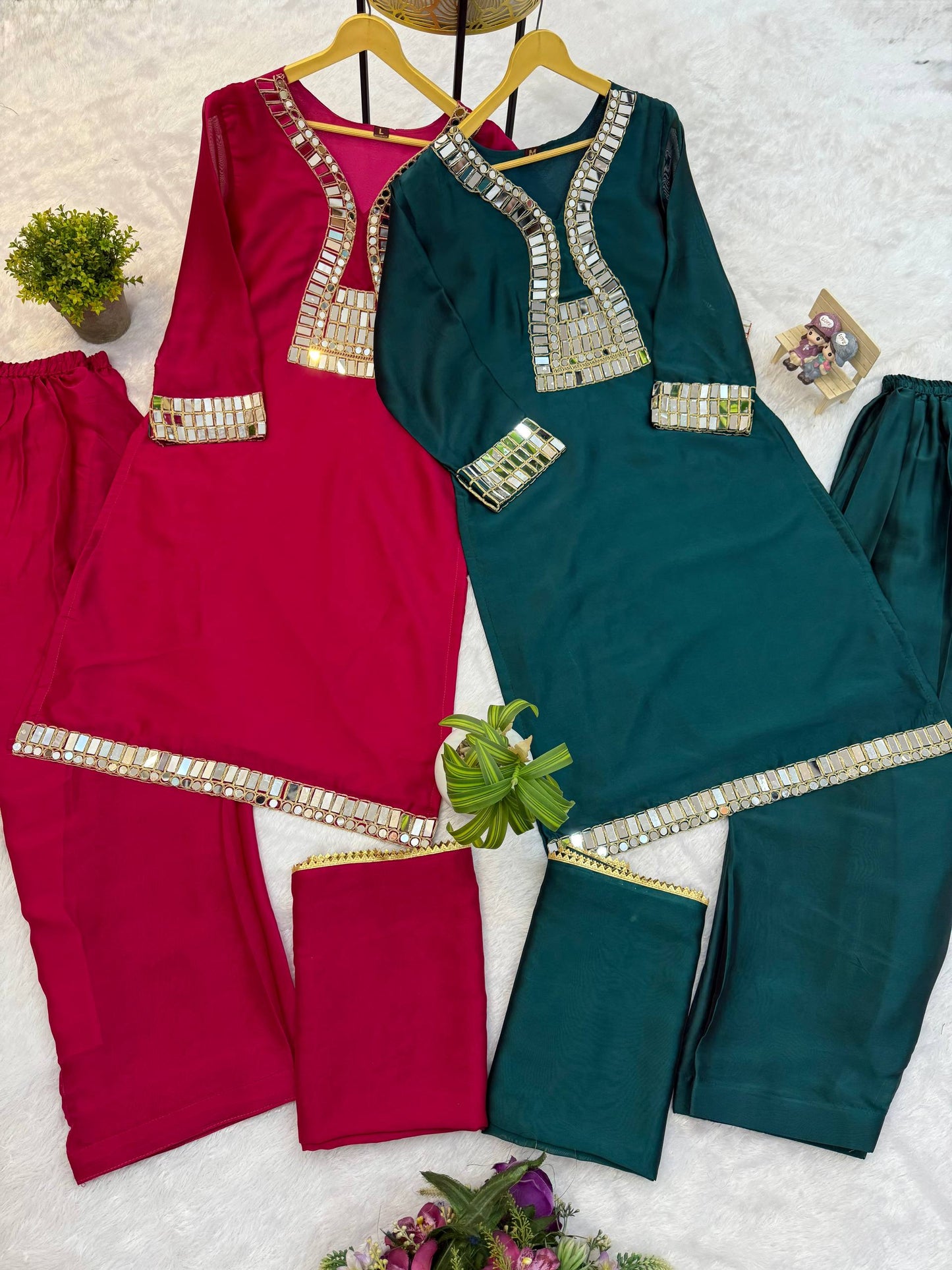 SUPERHIT TRENDING KURTI, PENT & DUPATTA ON RANGOLI FABRIC WITH EMBROIDERY AND REAL MIRROR HAND WORK  single available wholesale