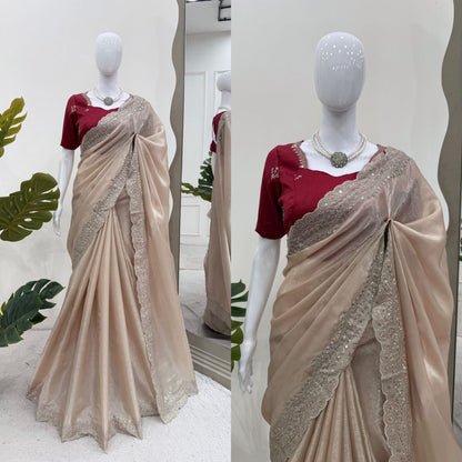 Looking some one for this same colour beautiful Designer Saree on Jimmy chu Febric with Thred & Sequnce work and Blouse on Mono Benglori silk Febric With Thred & Sequnce work.