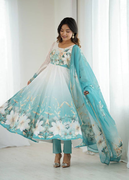 PURE SOFT ORGANJA SILK FABRIC FULLY FLAIR KALI PATTERN AND CANVAS PATTA WITH DUPPTA SET ,PENT READY TO WEAR  single available wholesale