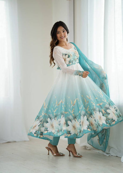 PURE SOFT ORGANJA SILK FABRIC FULLY FLAIR KALI PATTERN AND CANVAS PATTA WITH DUPPTA SET ,PENT READY TO WEAR  single available wholesale