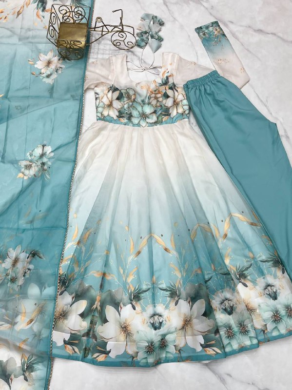 PURE SOFT ORGANJA SILK FABRIC FULLY FLAIR KALI PATTERN AND CANVAS PATTA WITH DUPPTA SET ,PENT READY TO WEAR  single available wholesale