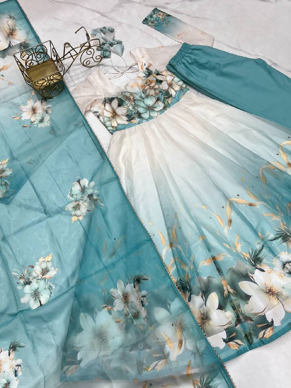 PURE SOFT ORGANJA SILK FABRIC FULLY FLAIR KALI PATTERN AND CANVAS PATTA WITH DUPPTA SET ,PENT READY TO WEAR  single available wholesale