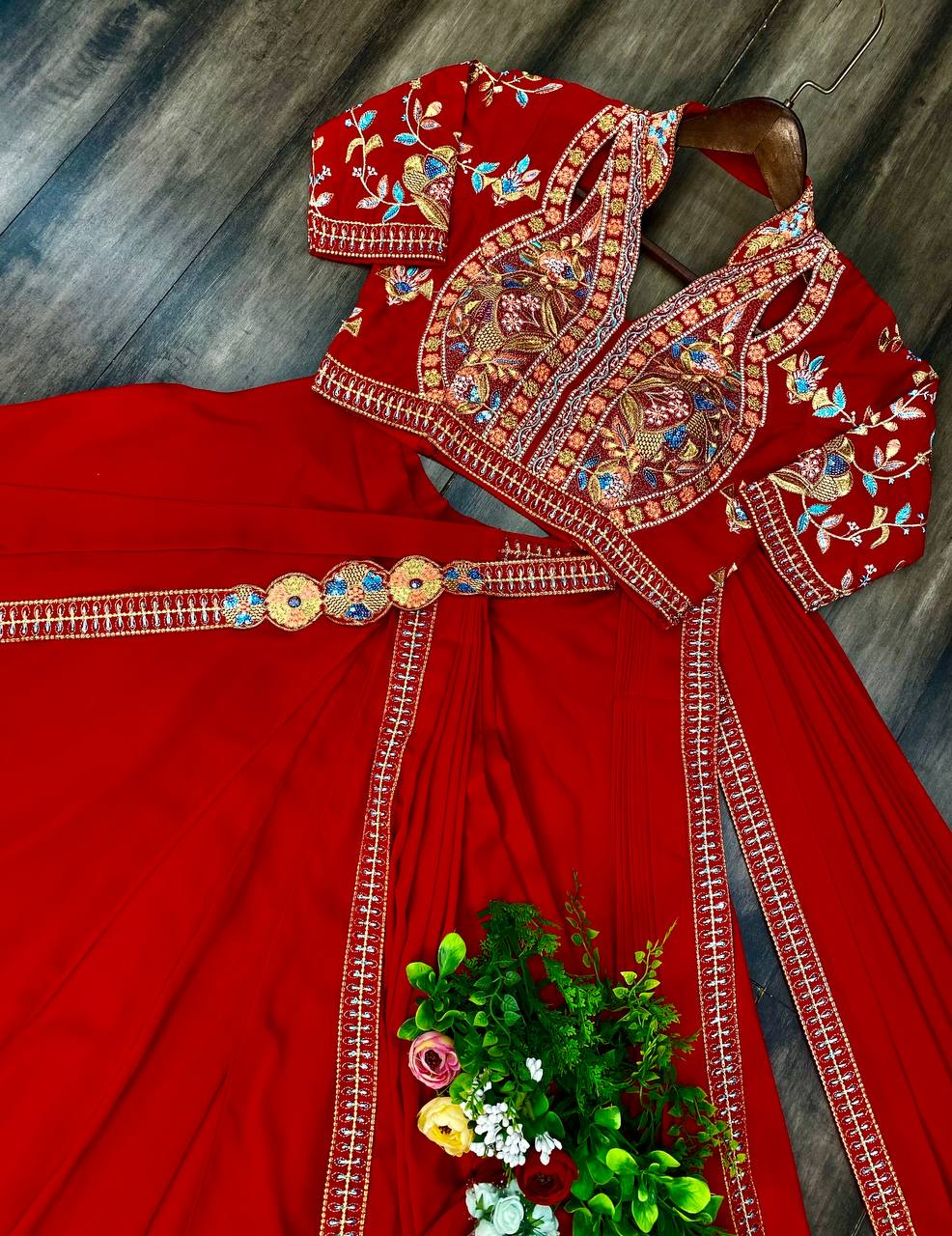 STYLIST EXCLUSIVE FANCY PARTY WEAR FIYONA SILK LEHENGA SAREE WITH HEAVY WORK BLOUSE AND BELT