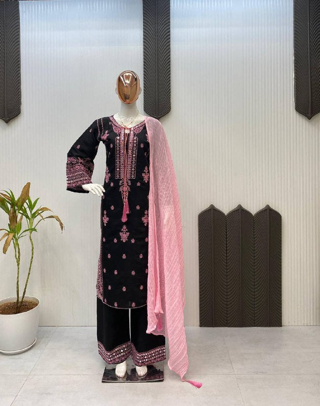 DESIGNER WEAR EXCLUSIVE SUIT IN EMBROIDERED WITH REAL MIRROR WORKED ROMAN SILK FABRIC TOP AND PANT WITH DUPATTA PAIR  single available wholesale