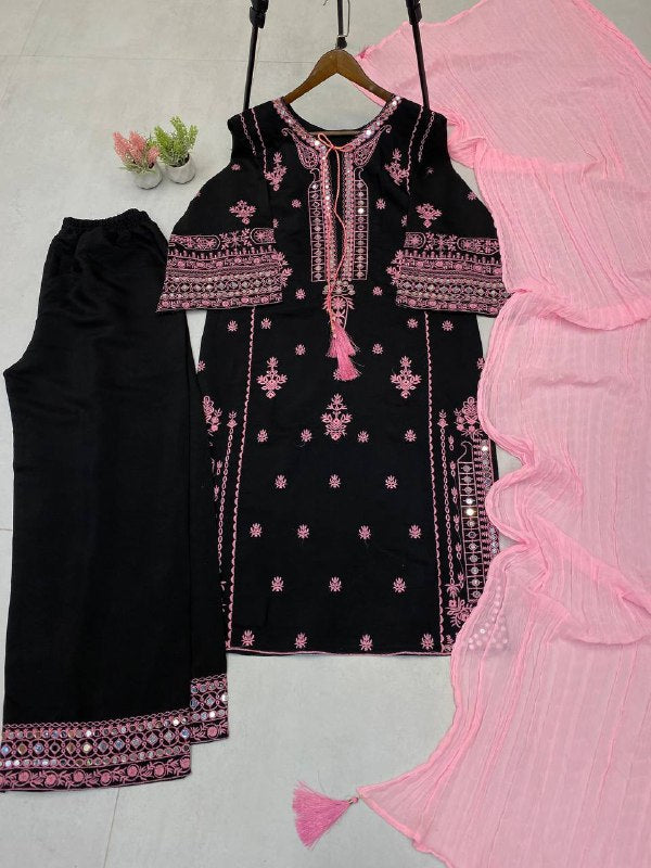 DESIGNER WEAR EXCLUSIVE SUIT IN EMBROIDERED WITH REAL MIRROR WORKED ROMAN SILK FABRIC TOP AND PANT WITH DUPATTA PAIR  single available wholesale