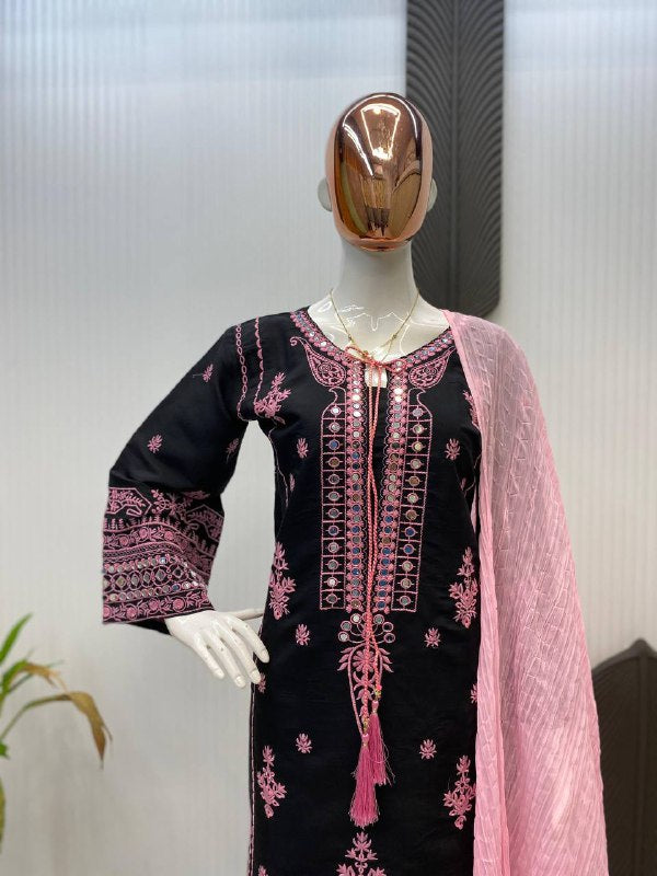 DESIGNER WEAR EXCLUSIVE SUIT IN EMBROIDERED WITH REAL MIRROR WORKED ROMAN SILK FABRIC TOP AND PANT WITH DUPATTA PAIR  single available wholesale