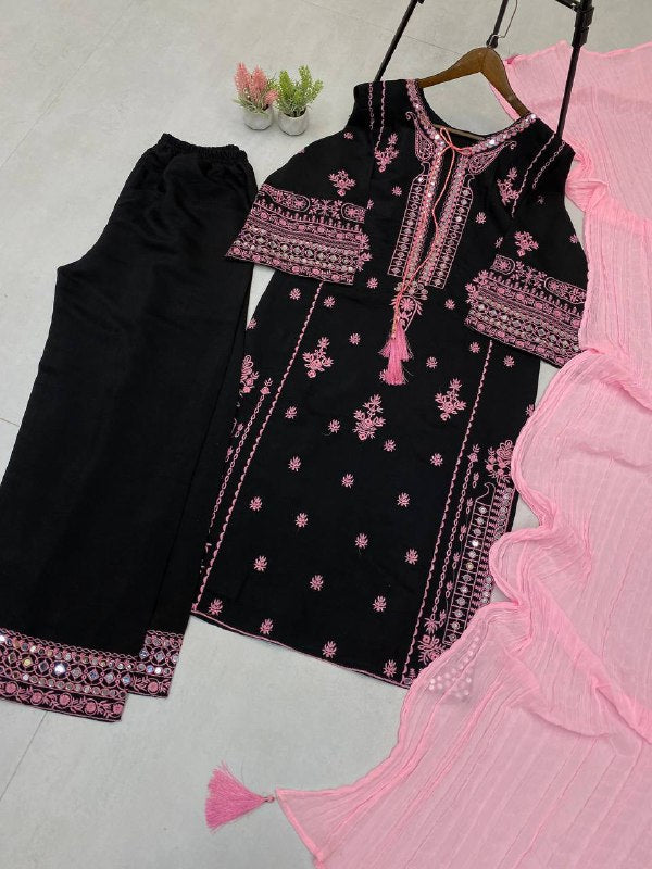 DESIGNER WEAR EXCLUSIVE SUIT IN EMBROIDERED WITH REAL MIRROR WORKED ROMAN SILK FABRIC TOP AND PANT WITH DUPATTA PAIR  single available wholesale
